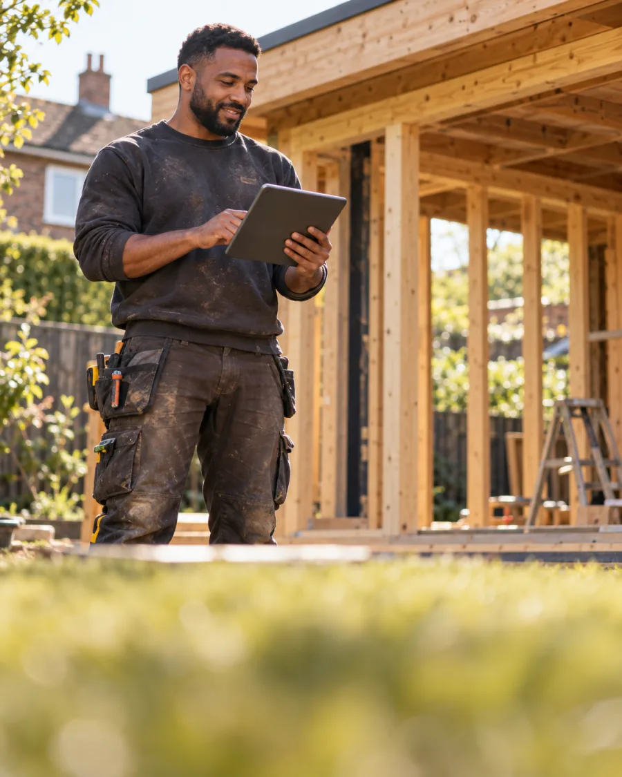 A builder holding a tablet beside a timber frame